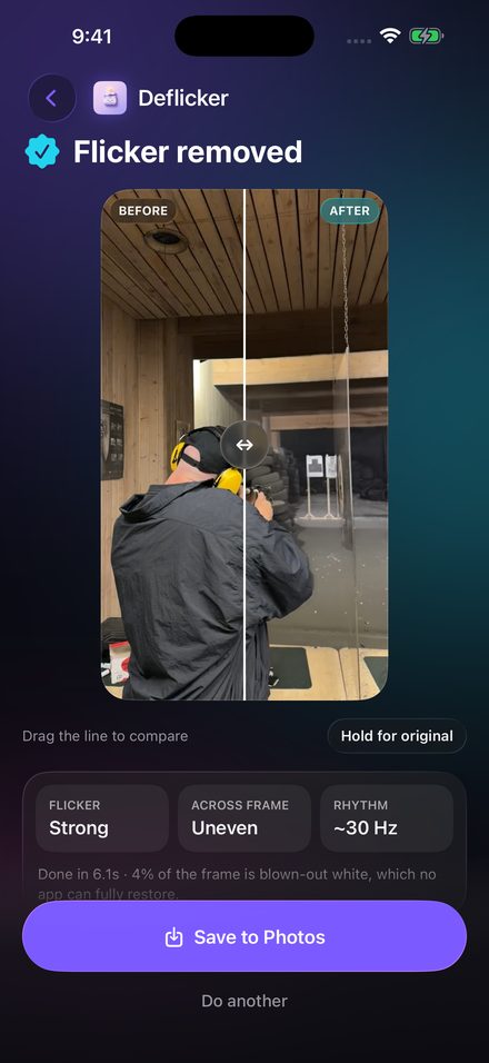 Result screen titled Flicker removed, with a draggable line between before and after and a Save to Photos button