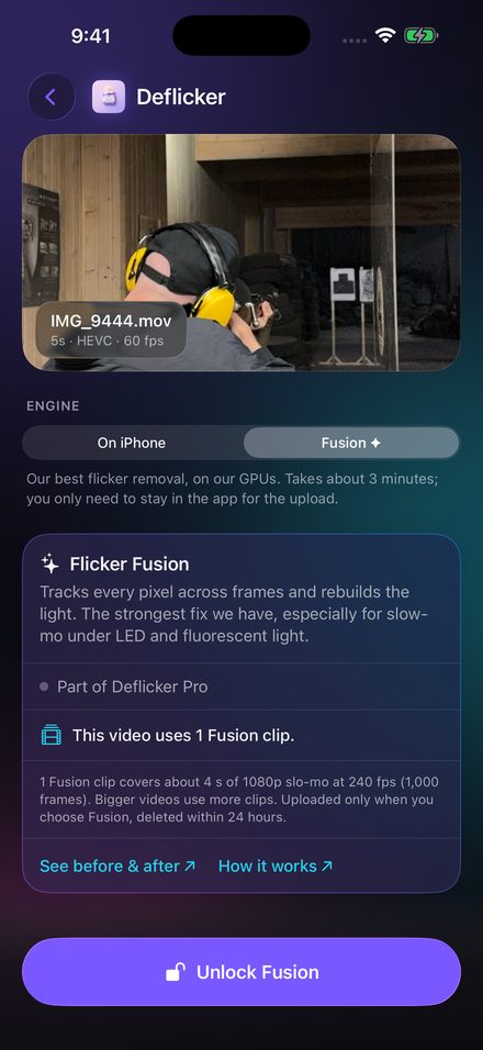 The same screen with Fusion chosen, describing Flicker Fusion and showing that the video uses 1 Fusion clip