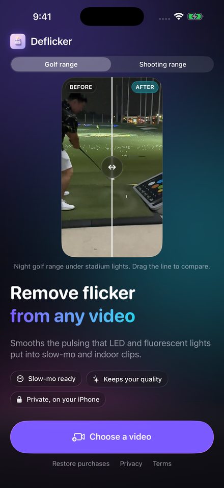 Deflicker home screen with a before and after example and the Choose a video button