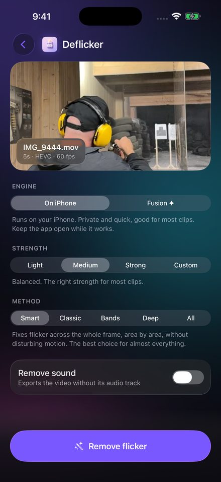 Deflicker screen for a chosen clip, with the engine, strength and method settings and the Remove flicker button
